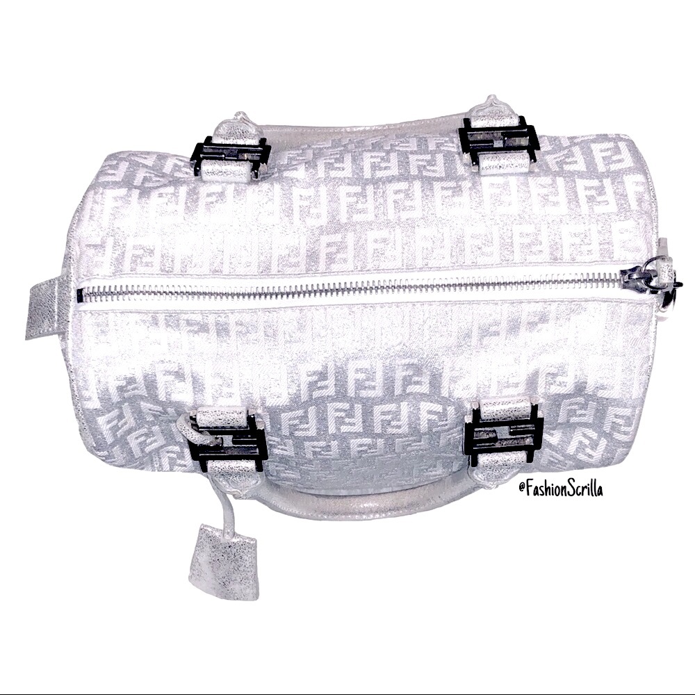 FENDI Vintage Metallic Silver - White Monogram Canvas Forever Bauletto Handbag - Picture 4 of 13